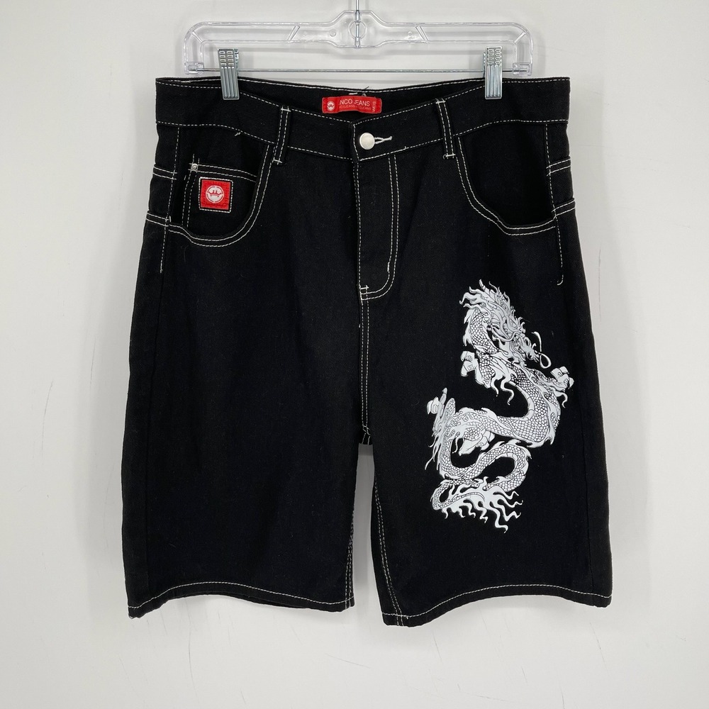 JNCO Jeans Men's Y2K Black Dragon Graphic Wide Leg Skater Denim Shorts Size 2XL